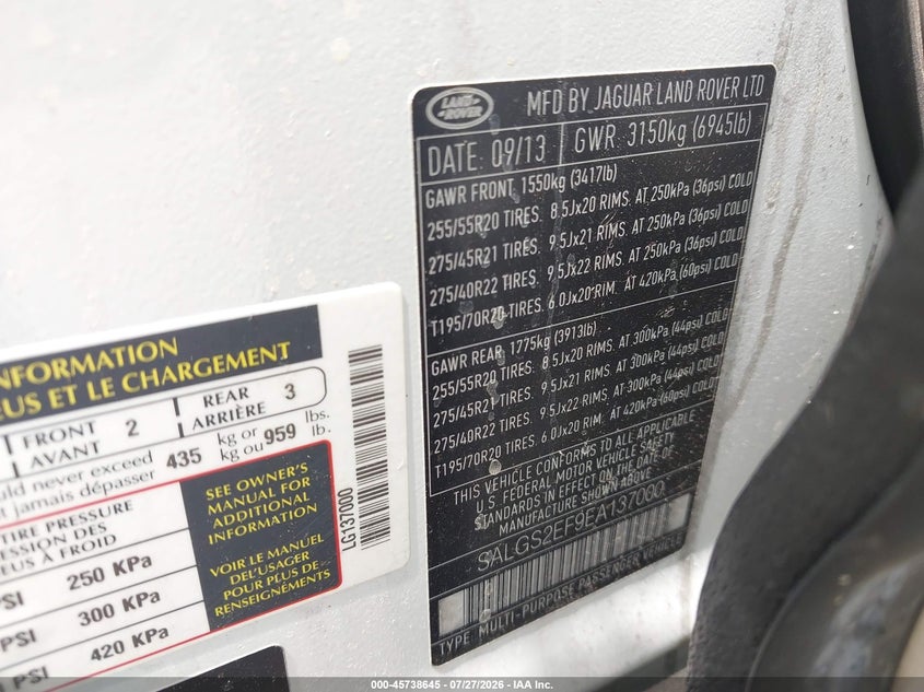 2014 Land rover RANGE ROVER VIN SALGS2EF9EA137000 IAAI salvage auction — NORMAL WEAR, Clear (Massachusetts), sold $450 on 2026-07-30 (photo 9)