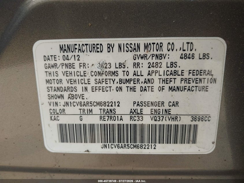2012 Infiniti G VIN JN1CV6AR5CM682212 IAAI salvage auction — NORMAL WEAR, Clear (Virginia), sold $1,100 on 2026-08-01 (photo 9)