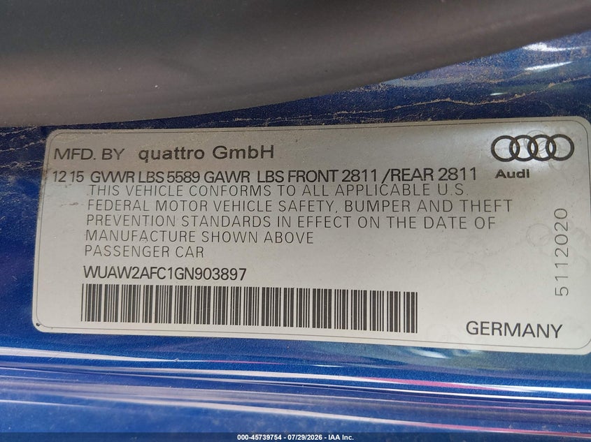 2016 Audi Rs7 VIN WUAW2AFC1GN903897 IAAI salvage auction — FRONT END, Salvage Title, sold $16,000 on 2026-09-03 (photo 9)