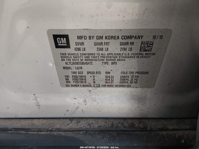 2016 Chevrolet Trax VIN KL7CJKSB2GB545472 IAAI salvage auction — FRONT END, Original (Texas), sold $1,500 on 2026-07-31 (photo 9)
