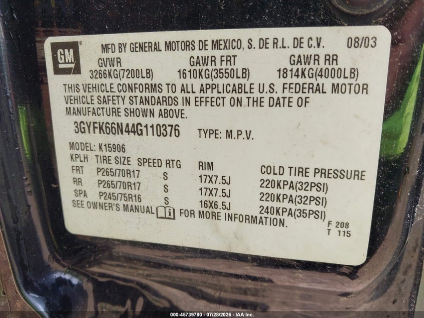 2004 Cadillac Escalade esv VIN 3GYFK66N44G110376 IAAI salvage auction — NORMAL WEAR, Clear (Massachusetts), sold $550 on 2026-09-15 (photo 9)