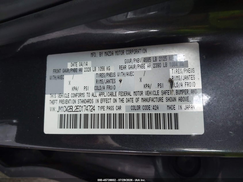 2014 Mazda 5 VIN JM1CW2BL2E0174724 IAAI salvage auction — NORMAL WEAR, Clear (New York), sold $700 on 2026-08-01 (photo 9)