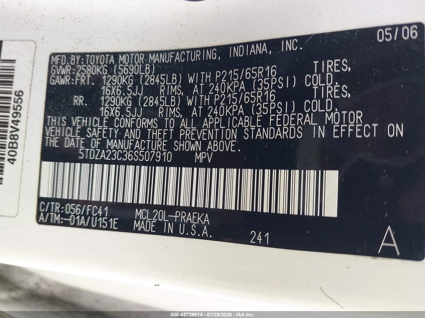 2006 Toyota Sienna VIN 5TDZA23C36S507910 IAAI salvage auction — NORMAL WEAR, Clear (Connecticut), sold $25 on 2026-07-30 (photo 9)