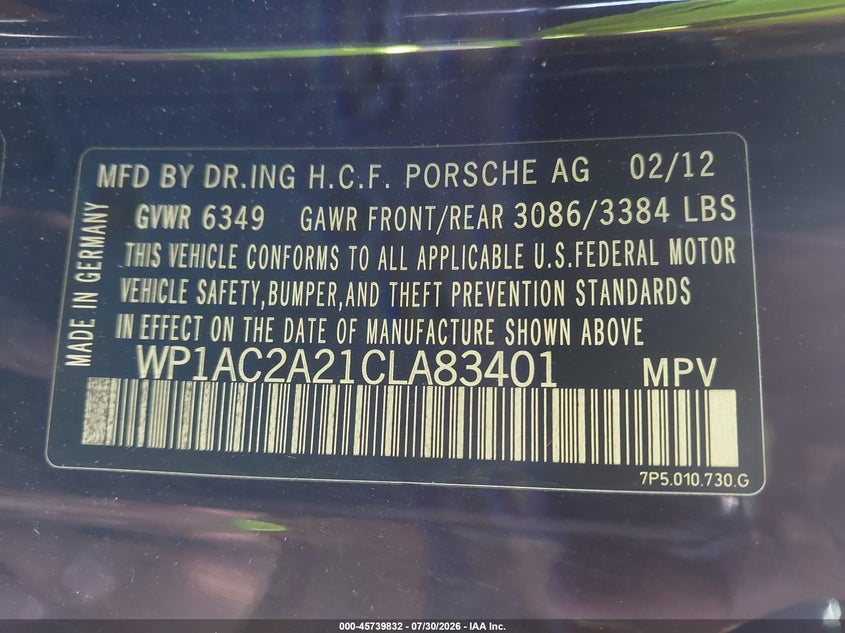 2012 Porsche Cayenne VIN WP1AC2A21CLA83401 IAAI salvage auction — SIDE, Salvage Title, sold $3,450 on 2026-08-12 (photo 9)