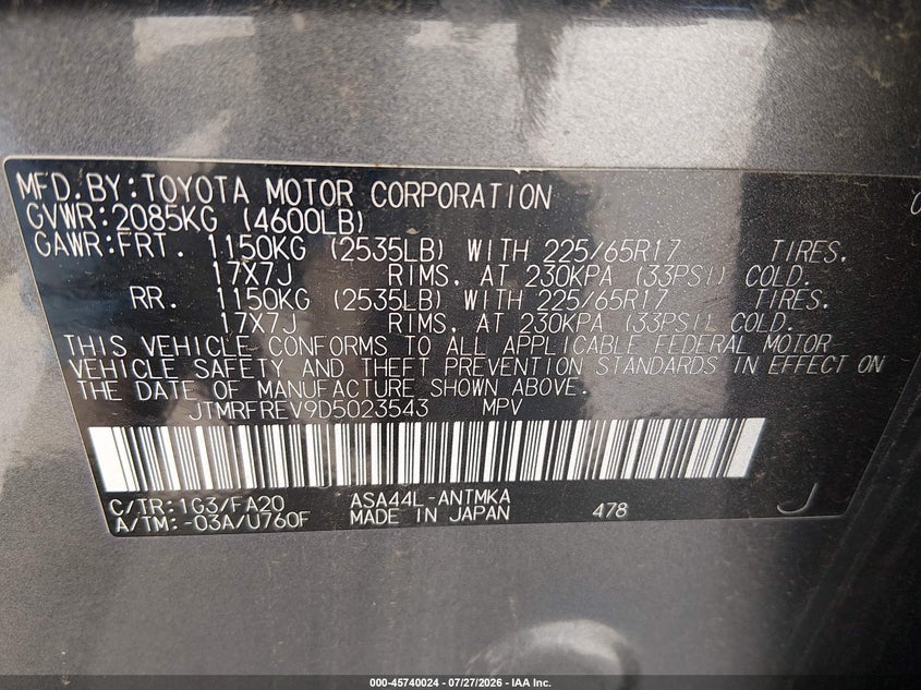 2013 Toyota Rav 4 VIN JTMRFREV9D5023543 IAAI salvage auction — UNKNOWN, Certificate Of Title (Nebraska), sold $75 on 2026-07-30 (photo 9)