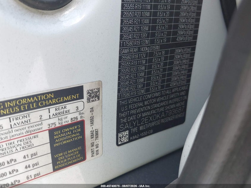 2019 Land rover Range rover velar VIN SALYL2EX0KA793687 IAAI salvage auction — FRONT END, Original (Texas), sold $8,025 on 2026-09-10 (photo 9)