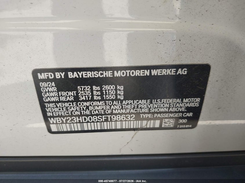 2025 BMW i4 VIN WBY23HD08SFT98632 IAAI salvage auction — FRONT END, Salvage (California), sold $19,700 on 2026-09-16 (photo 9)