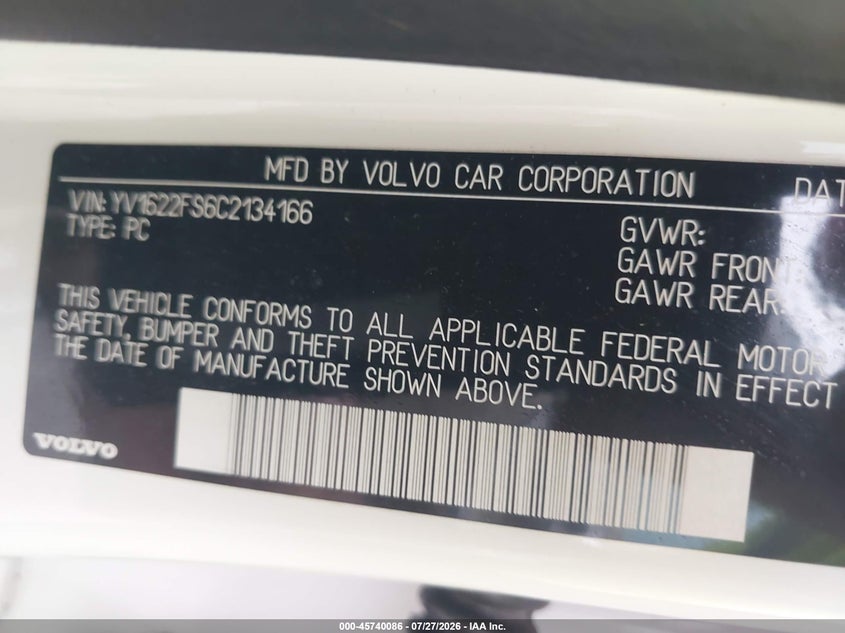 2012 Volvo S60 VIN YV1622FS6C2134166 IAAI salvage auction — UNDERCARRIAGE, Salvage Title, sold $25 on 2026-08-21 (photo 9)