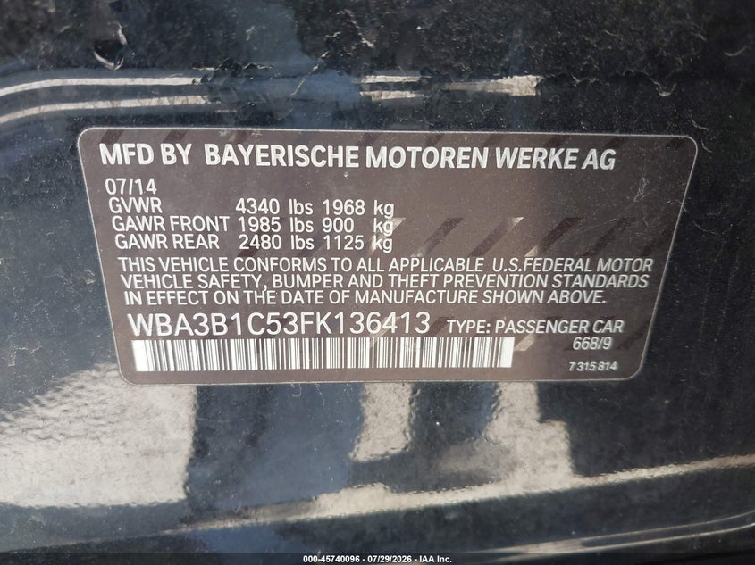 2015 BMW 3 series VIN WBA3B1C53FK136413 IAAI salvage auction — NORMAL WEAR, Clear - Dealer Only (California), sold $425 on 2026-08-07 (photo 9)