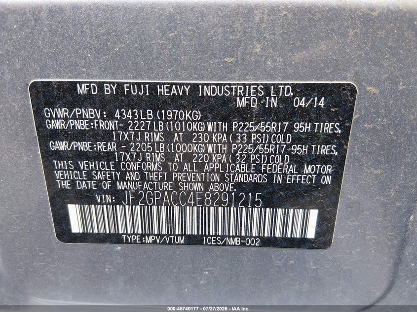 2014 Subaru Xv VIN JF2GPACC4E8291215 IAAI salvage auction — NORMAL WEAR, Salvage Title, sold $1,375 on 2026-07-31 (photo 9)