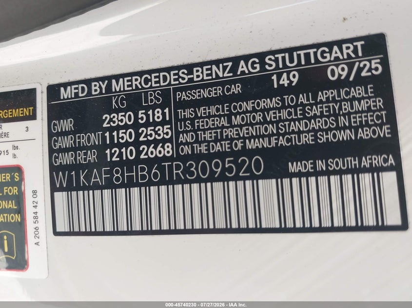 2026 Mercedes-benz C class VIN W1KAF8HB6TR309520 IAAI salvage auction — FRONT END, Salvage (California), sold $31,050 on 2026-08-17 (photo 9)