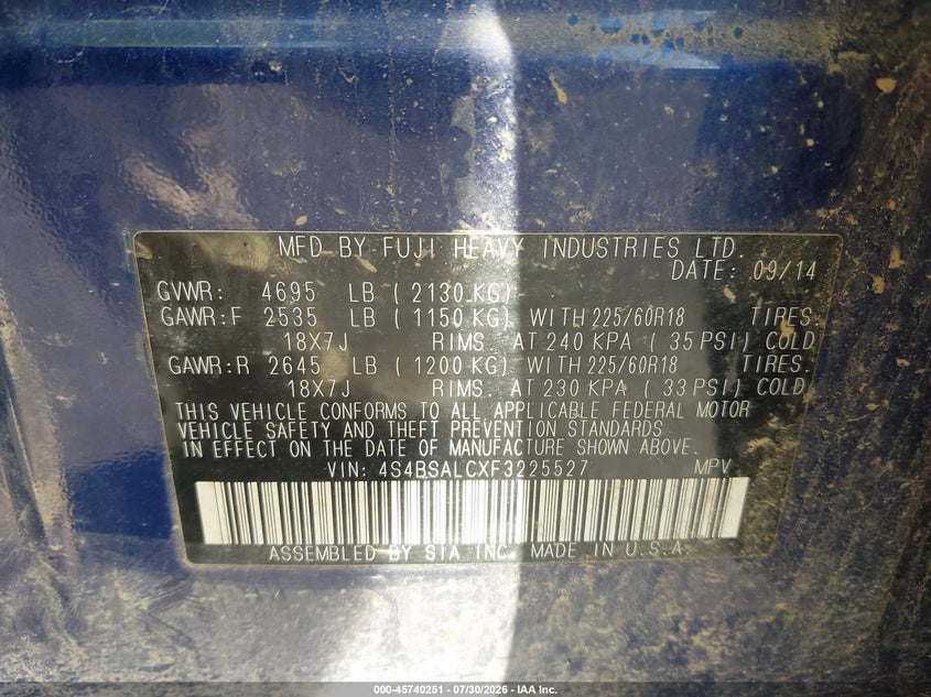 2015 Subaru Outback VIN 4S4BSALCXF3225527 IAAI salvage auction — NORMAL WEAR, Clear (New York), sold $1,325 on 2026-08-25 (photo 9)