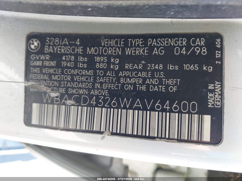 1998 BMW 3 series VIN WBACD4326WAV64600 IAAI salvage auction — NORMAL WEAR, Clear - Dealer Only (California), sold $725 on 2026-08-03 (photo 9)