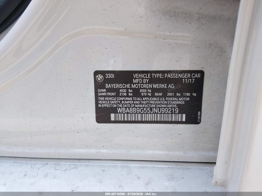 2018 BMW 3er VIN WBA8B9G55JNU99219 IAAI salvage auction — REAR END, Salvage Title, sold $1,500 on 2026-10-04 (photo 9)