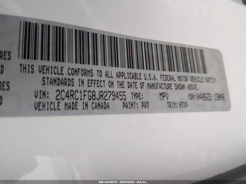 2018 Chrysler Pacifica VIN 2C4RC1FG8JR279455 IAAI salvage auction — RIGHT SIDE, Wait Title, sold $1,250 on 2026-10-13 (photo 9)