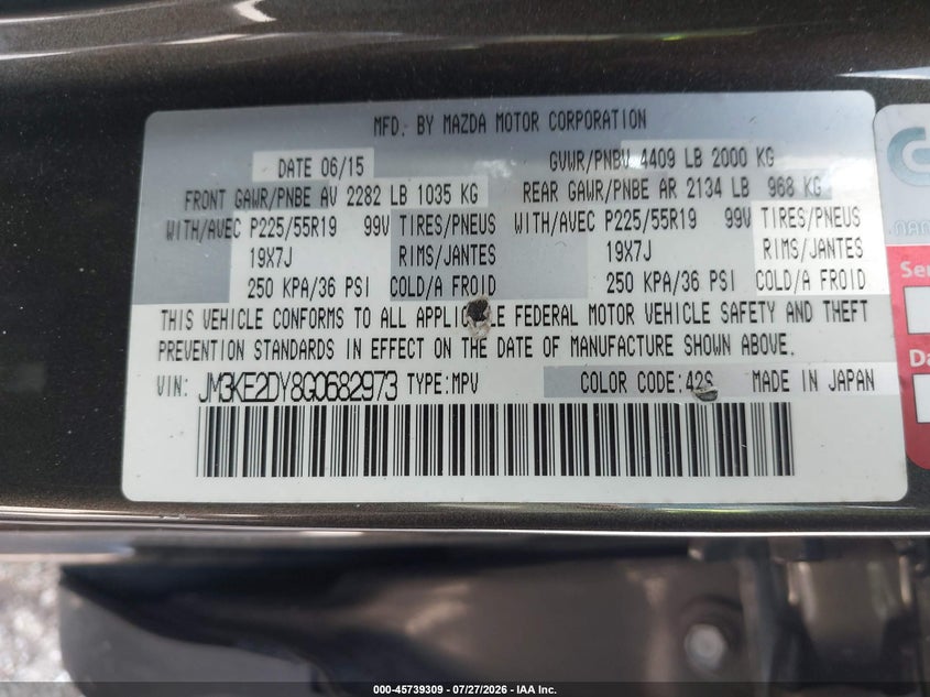 2016 Mazda Cx-5 VIN JM3KE2DY8G0682973 IAAI salvage auction — FRONT END, Salvage Title, sold $975 on 2026-09-03 (photo 9)