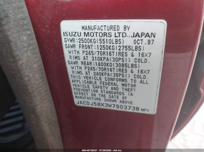 1998 Isuzu Trooper VIN JACDJ58X3W7903738 IAAI salvage auction — NORMAL WEAR, Clear (North Carolina), sold $450 on 2026-07-31 (photo 9)