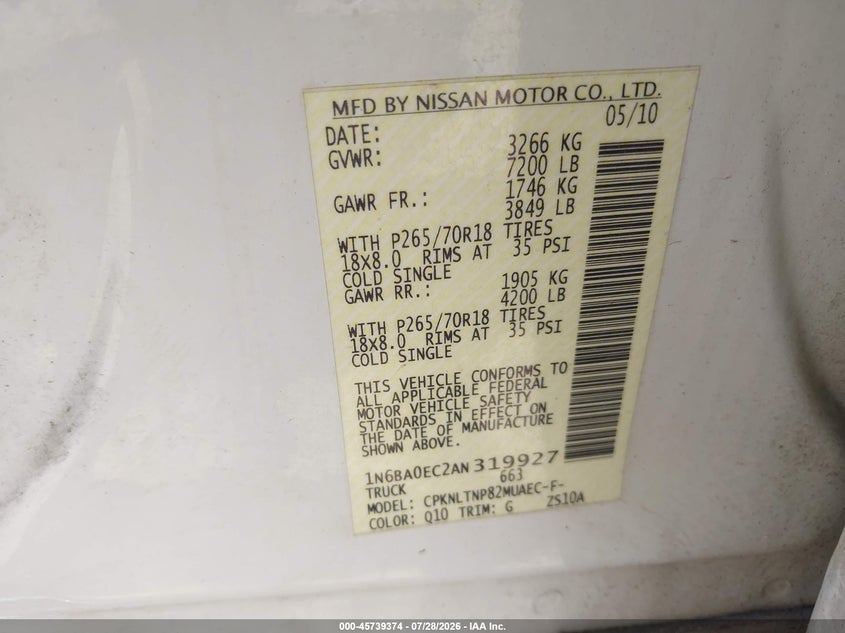 2010 Nissan TITAN VIN 1N6BA0EC2AN319927 IAAI salvage auction — RIGHT FRONT, Original (Texas), sold $1,175 on 2026-09-13 (photo 9)