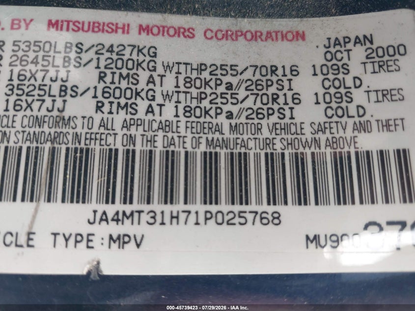 2001 Mitsubishi Montero VIN JA4MT31H71P025768 IAAI salvage auction — NORMAL WEAR, Clear (North Carolina), sold $1,050 on 2026-07-31 (photo 9)