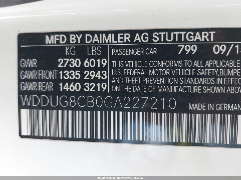 2016 Mercedes-benz S-klasse VIN WDDUG8CB0GA227210 IAAI salvage auction — RIGHT REAR, Salvage Title, sold $15,900 on 2026-08-12 (photo 9)
