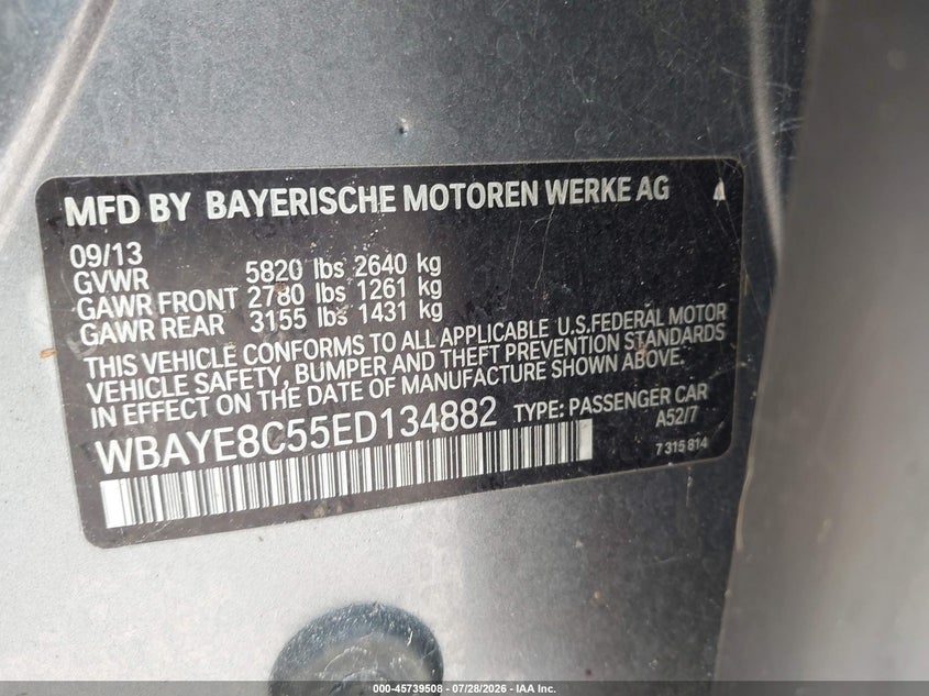 2014 BMW 7er VIN WBAYE8C55ED134882 IAAI salvage auction — NORMAL WEAR, Clear (Florida), sold $1,150 on 2026-08-04 (photo 9)