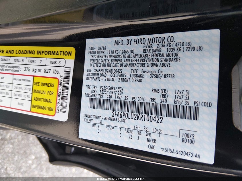 2019 Ford Fusion VIN 3FA6P0LU2KR100422 IAAI salvage auction — NORMAL WEAR, SF97 (Maryland), sold $9,200 on 2026-09-08 (photo 9)