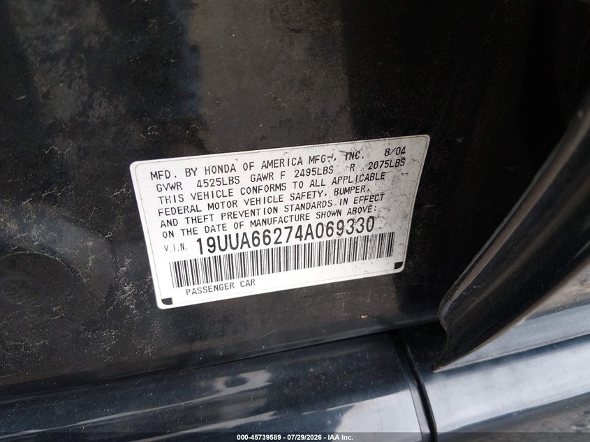 2004 Acura Tl VIN 19UUA66274A069330 IAAI salvage auction — NORMAL WEAR, Original (New Hampshire), sold $425 on 2026-07-31 (photo 9)