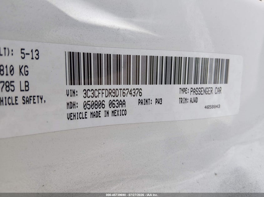 2013 Fiat 500 VIN 3C3CFFDR9DT674376 IAAI salvage auction — NORMAL WEAR, Salvage Title, sold $200 on 2026-09-10 (photo 9)