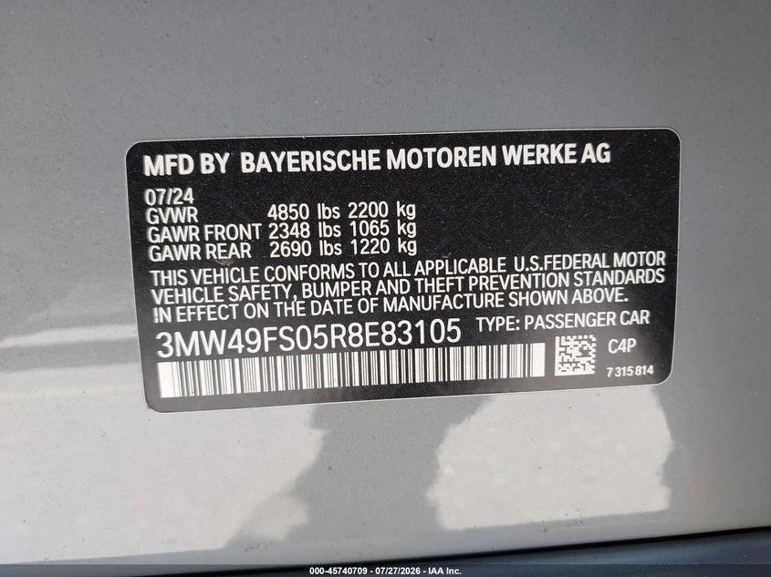 2024 BMW 3er VIN 3MW49FS05R8E83105 IAAI salvage auction — LEFT SIDE, Salvage Title, sold $22,450 on 2026-08-19 (photo 9)