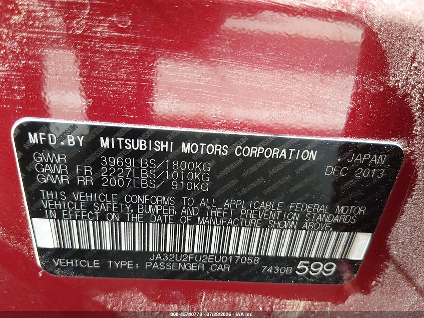 2014 Mitsubishi Lancer VIN JA32U2FU2EU017058 IAAI salvage auction — FRONT END, Salvage Title, sold $550 on 2026-08-23 (photo 9)