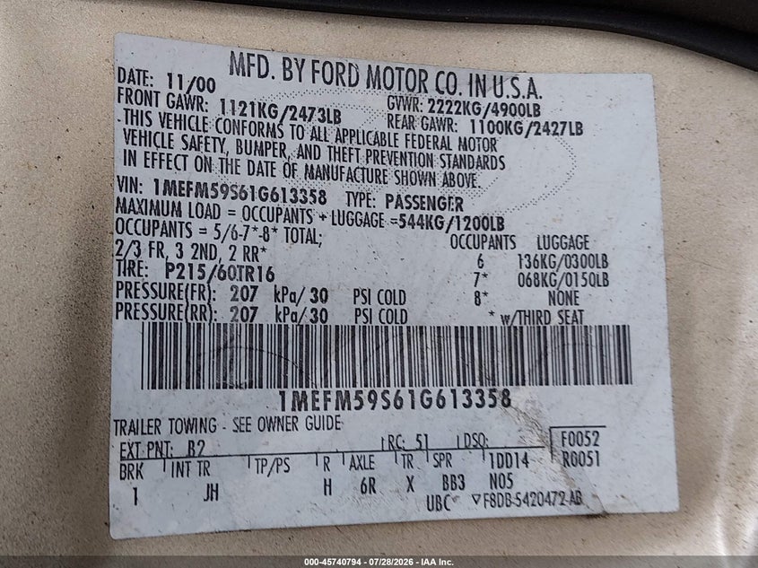 2001 Mercury Sable VIN 1MEFM59S61G613358 IAAI salvage auction — RIGHT FRONT, Bill Of Sale (Washington), sold $250 on 2026-09-09 (photo 9)