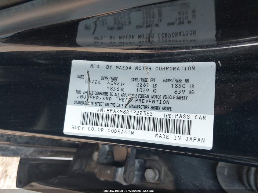 2024 Mazda 3 VIN JM1BPAKM8R1722365 IAAI salvage auction — LEFT FRONT, Clear (New York), sold $11,600 on 2026-08-01 (photo 9)