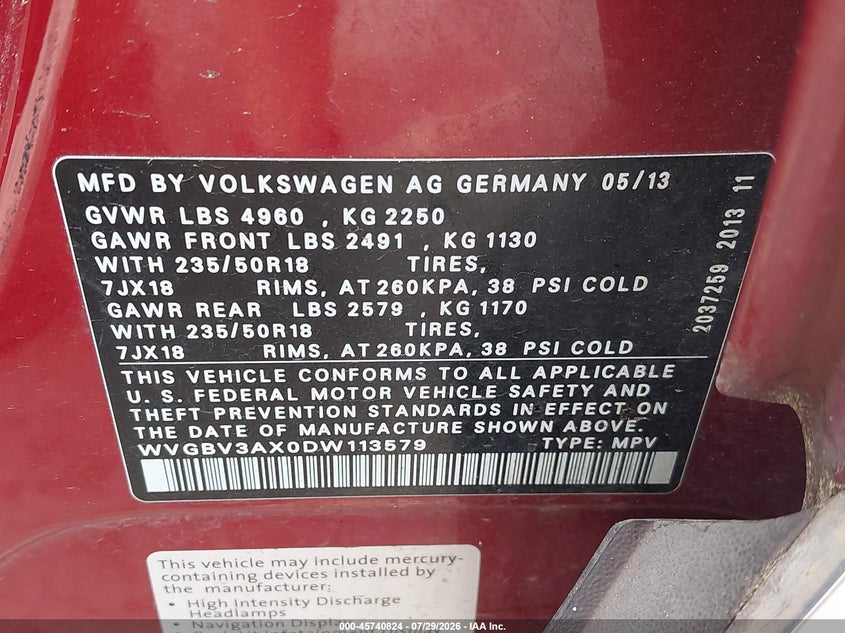 2013 Volkswagen Tiguan VIN WVGBV3AX0DW113579 IAAI salvage auction — NORMAL WEAR, Clear (Washington), sold $425 on 2026-08-05 (photo 9)