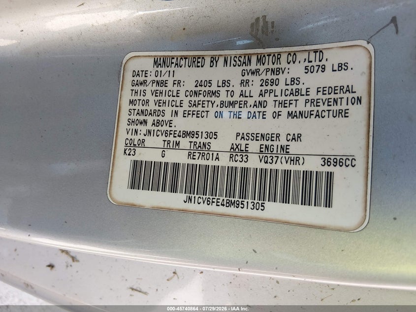 2011 Infiniti G VIN JN1CV6FE4BM951305 IAAI salvage auction — NORMAL WEAR, Original (Texas), sold $900 on 2026-08-02 (photo 9)