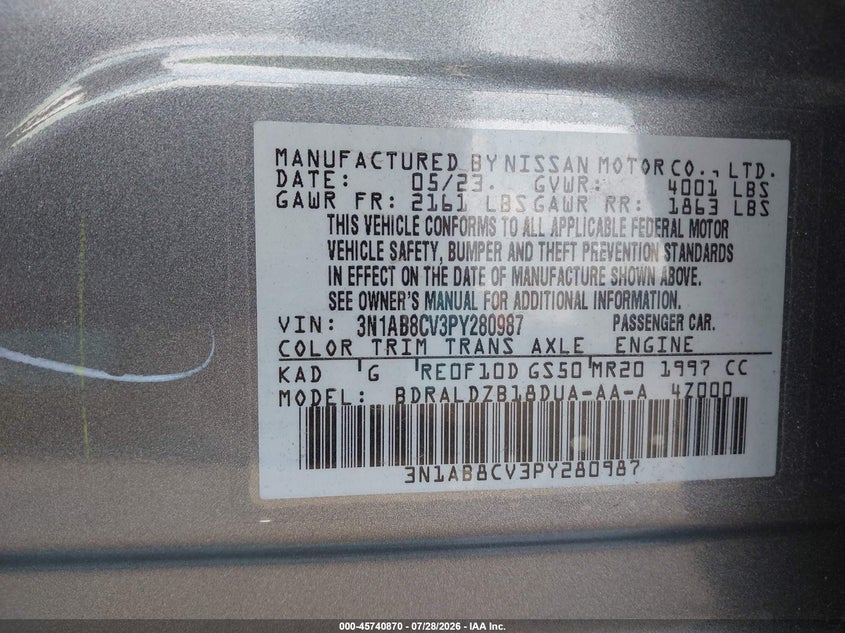 2023 Nissan Sentra VIN 3N1AB8CV3PY280987 IAAI salvage auction — VANDALISM, Clear (New Jersey), sold $9,800 on 2026-08-01 (photo 9)