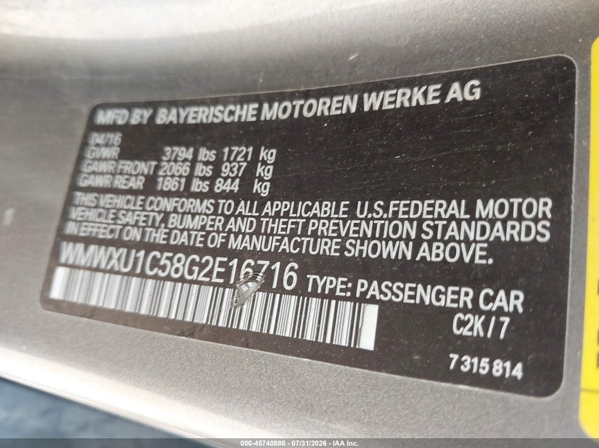 2016 Mini Hard top VIN WMWXU1C58G2E16716 IAAI salvage auction — NORMAL WEAR, Wait Title, sold $600 on 2026-08-06 (photo 9)