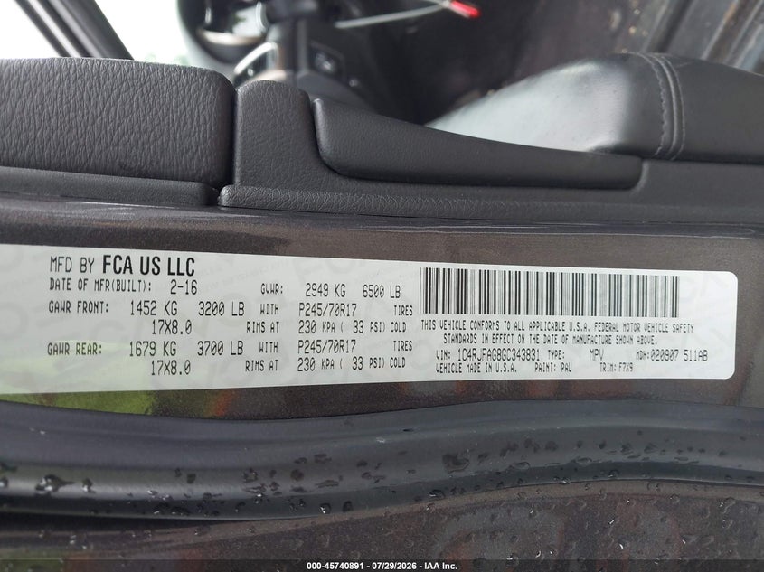 2016 Jeep Grand cherokee VIN 1C4RJFAG8GC343831 IAAI salvage auction — REAR END, Wait Title, sold $0 on 2026-09-28 (photo 9)