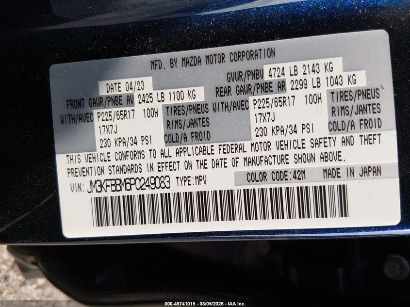 2023 Mazda Cx-5 VIN JM3KFBBM6P0249083 IAAI salvage auction — RIGHT FRONT, Original (Texas), sold $7,800 on 2026-09-03 (photo 9)