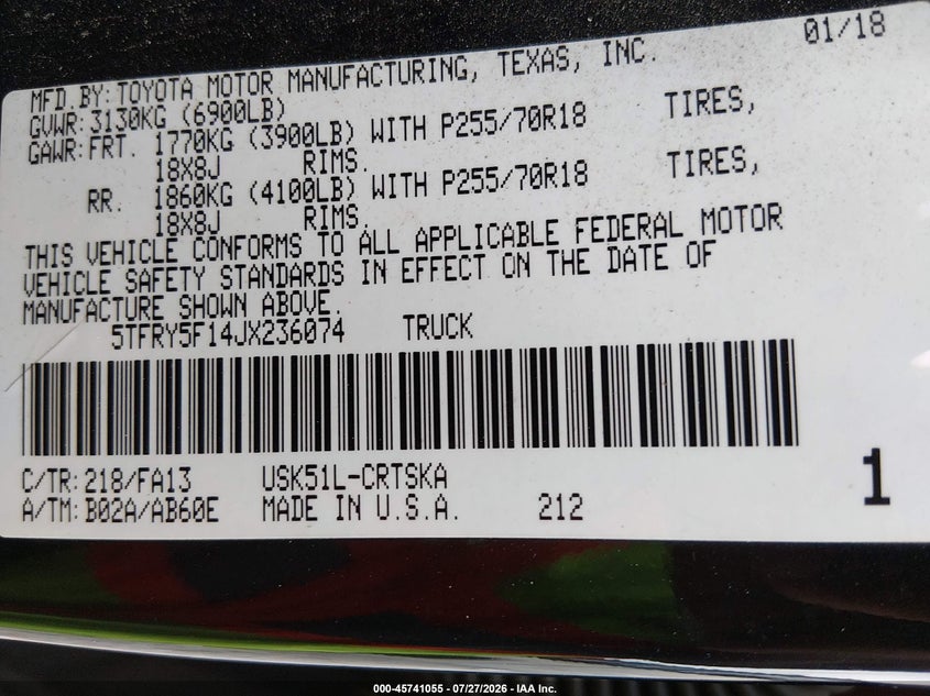 2018 Toyota Tundra VIN 5TFRY5F14JX236074 IAAI salvage auction — UNKNOWN, Clear (Florida), sold $7,375 on 2026-07-31 (photo 9)