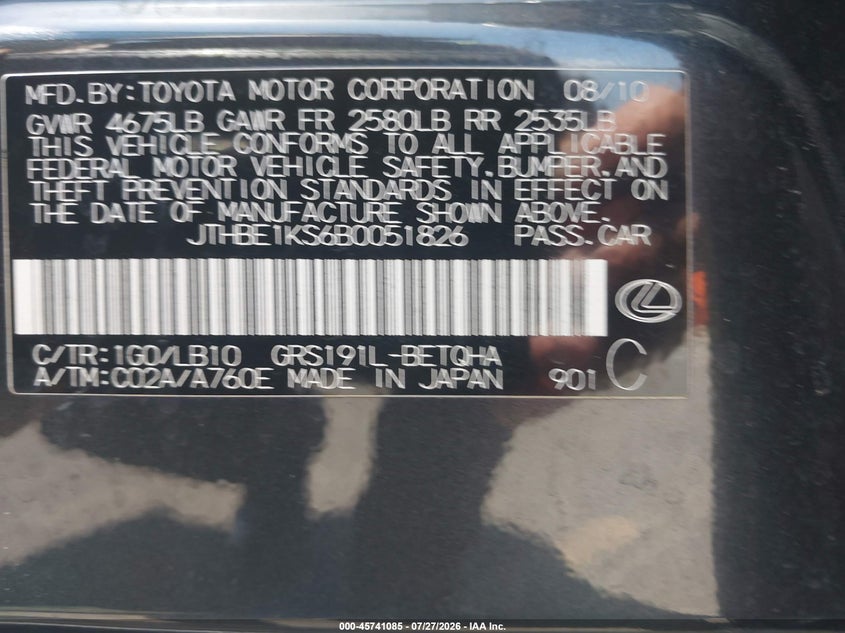 2011 Lexus Gs 350 VIN JTHBE1KS6B0051826 IAAI salvage auction — FRONT END, Salvage (California), sold $1,500 on 2026-08-02 (photo 9)