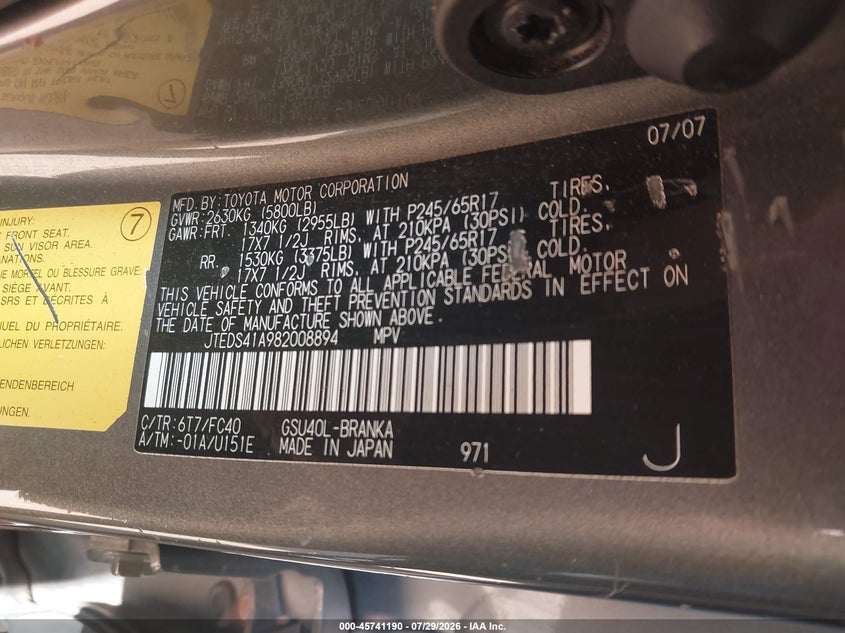 2008 Toyota Highlander VIN JTEDS41A982008894 IAAI salvage auction — NORMAL WEAR, Clear (Minnesota), sold $825 on 2026-08-02 (photo 9)