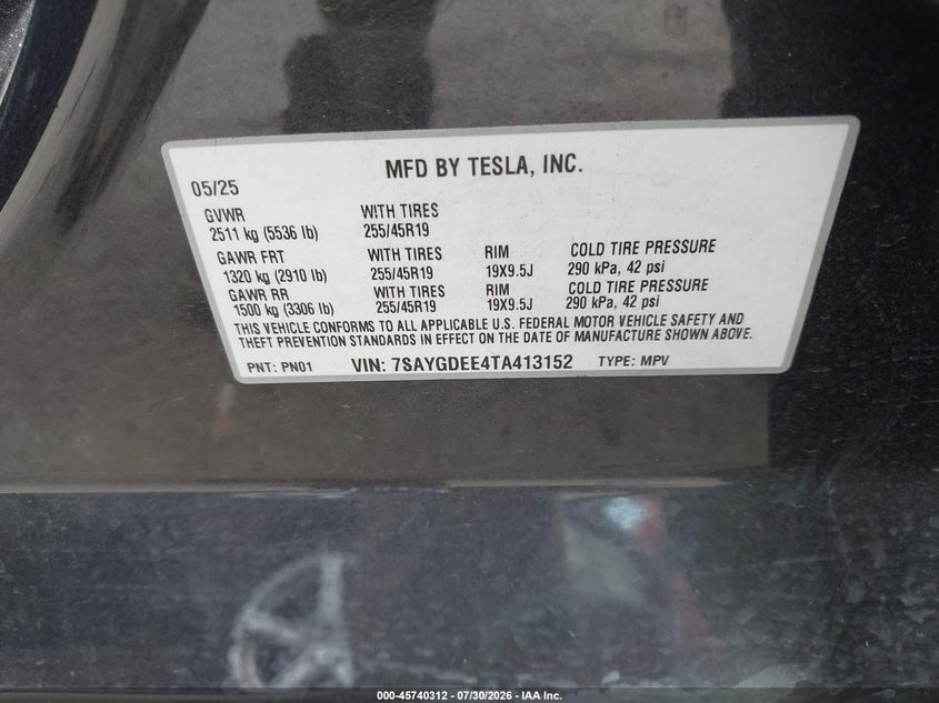 2026 Tesla Model y VIN 7SAYGDEE4TA413152 IAAI salvage auction — FRONT END, Salvage Title, sold $18,800 on 2026-09-08 (photo 9)