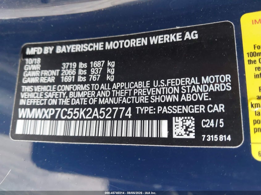 2019 Mini Hard top VIN WMWXP7C55K2A52774 IAAI salvage auction — SIDE, Salvage (Virginia), sold $4,050 on 2026-08-12 (photo 9)