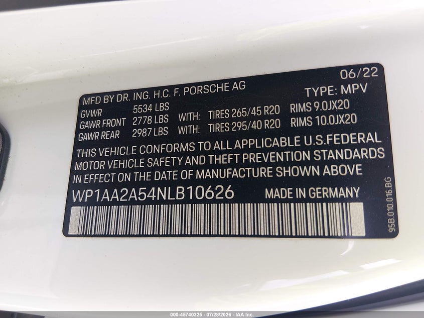 2022 Porsche Macan VIN WP1AA2A54NLB10626 IAAI salvage auction — REAR END, Salvage Title, sold $13,950 on 2026-09-09 (photo 9)