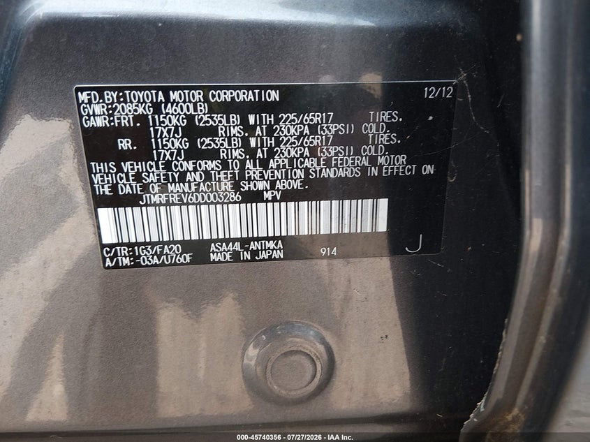 2013 Toyota Rav 4 VIN JTMRFREV6DD003286 IAAI salvage auction — NORMAL WEAR, Clear (Maryland), sold $2,750 on 2026-07-30 (photo 9)