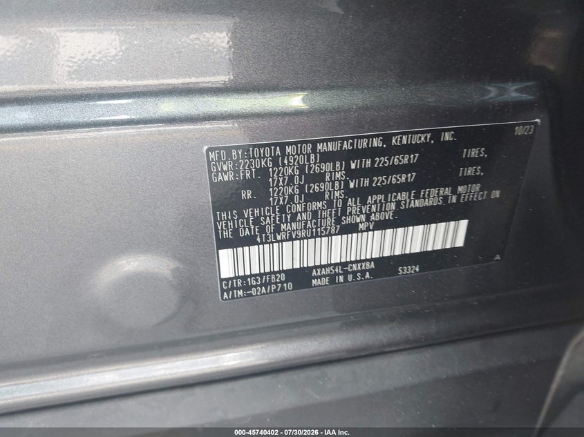 2024 Toyota Rav 4 VIN 4T3LWRFV9RU115787 IAAI salvage auction — SIDE, Rebuildable (Florida), sold $12,800 on 2026-09-21 (photo 9)