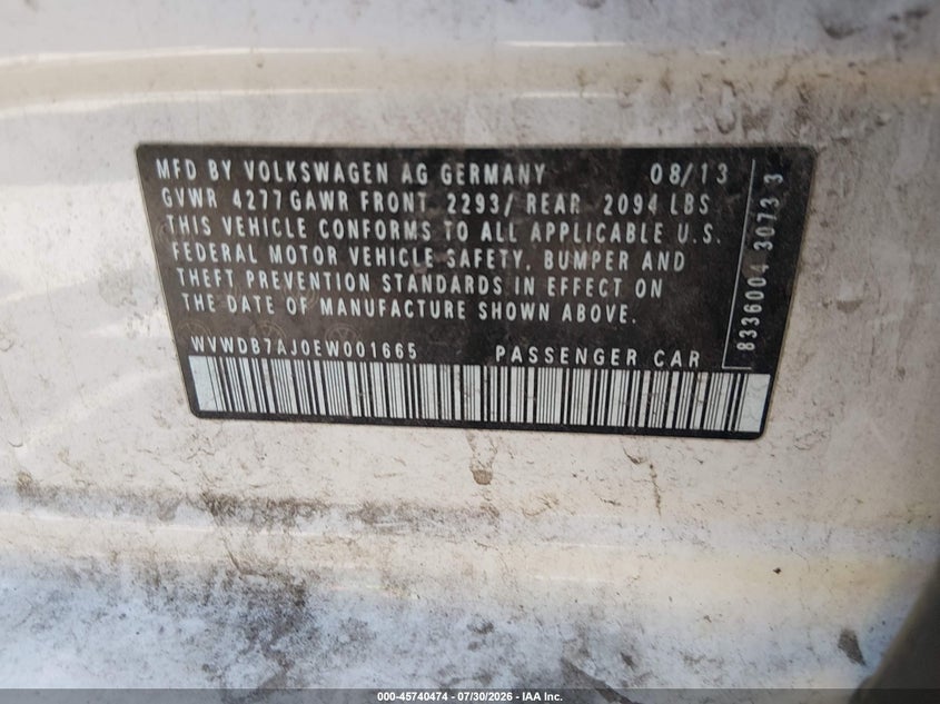 2014 Volkswagen Golf VIN WVWDB7AJ0EW001665 IAAI salvage auction — NORMAL WEAR, Wait Title, sold $350 on 2026-08-11 (photo 9)