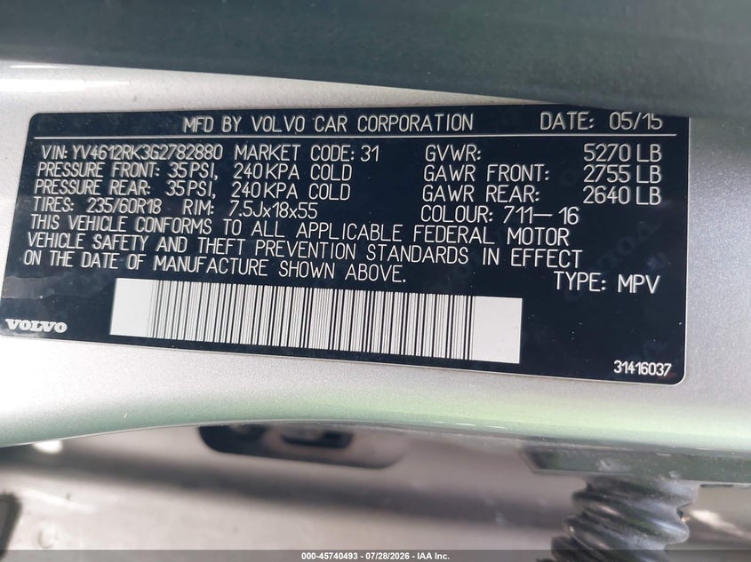 2016 Volvo Xc60 VIN YV4612RK3G2782880 IAAI salvage auction — VANDALISM, Salvage Certificate (California), sold $1,400 on 2026-08-05 (photo 9)