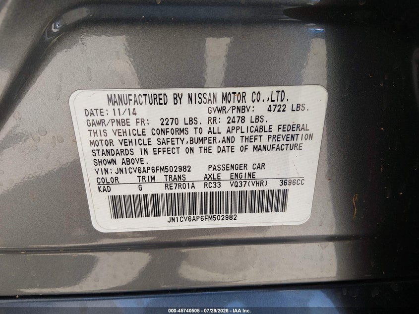 2015 Infiniti Q40 VIN JN1CV6AP6FM502982 IAAI salvage auction — WATER/FLOOD, Salvage (California), sold $1,150 on 2026-08-03 (photo 9)