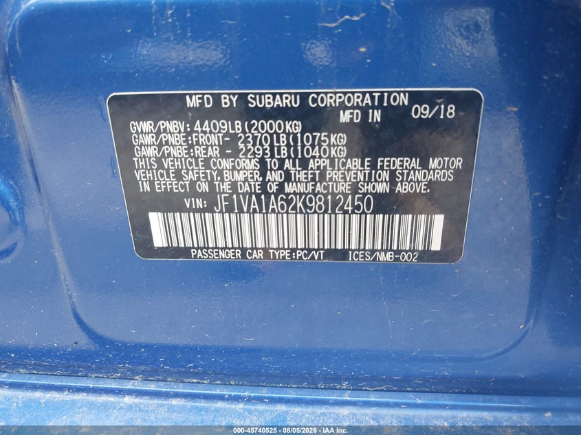 2019 Subaru Wrx VIN JF1VA1A62K9812450 IAAI salvage auction — HAIL, Original (Ohio), sold $9,850 on 2026-09-01 (photo 9)